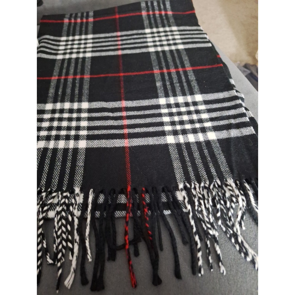 67"x12" UnisexSoft Flannel Black And White Plaid Fringed Scarf Red Accent 279